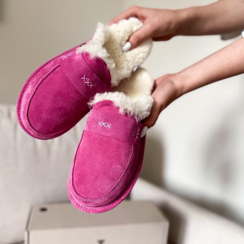 Beautiful Women’s Sheepskin Slippers | Pink Cozy House Shoes | 100% Natural Sheepskin, Perfect Gift for Her | Sizes 5.5–11