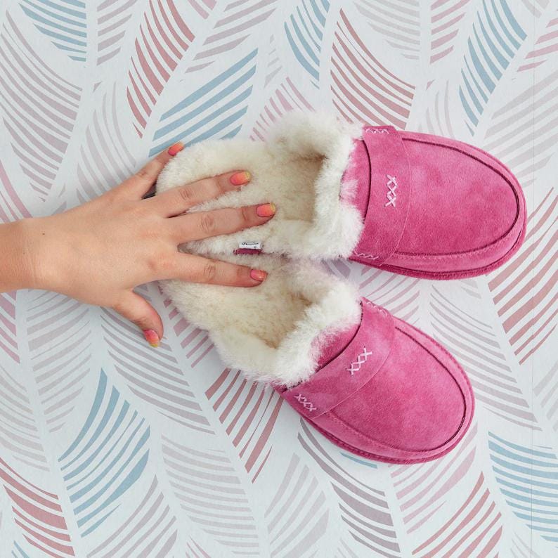 Beautiful Women’s Sheepskin Slippers | Pink Cozy House Shoes | 100% Natural Sheepskin, Perfect Gift for Her | Sizes 5.5–11