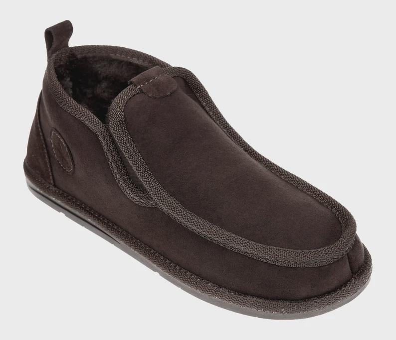 Men’s High Sheepskin Slippers – BROWN Wool Boots, Warm Lambskin House Shoes, 100% Natural Leather, Cozy Gift for Him